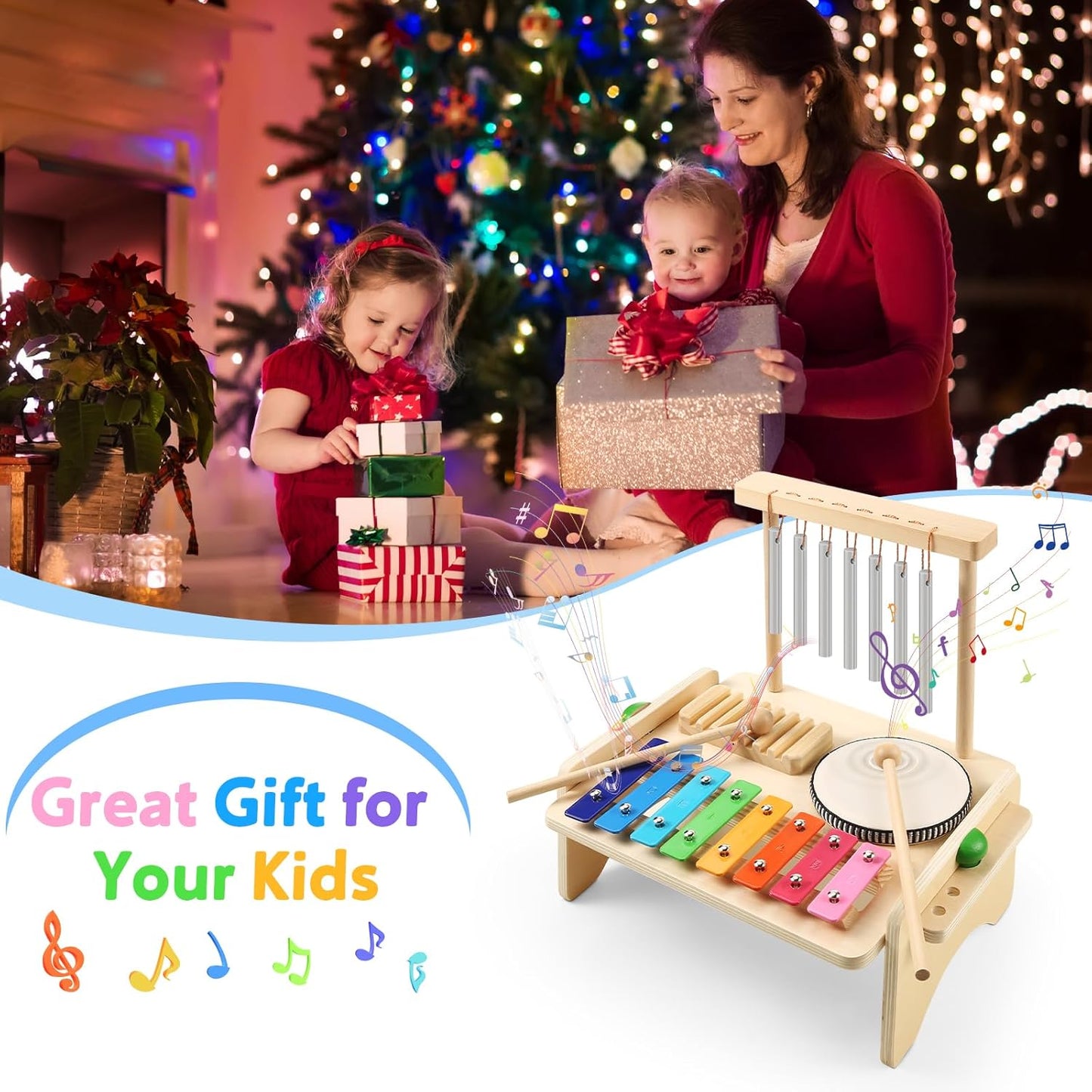Kids drum set and wooden xylophone by X With Love for toddlers, featuring baby drums, wind chime, and Montessori musical instruments.