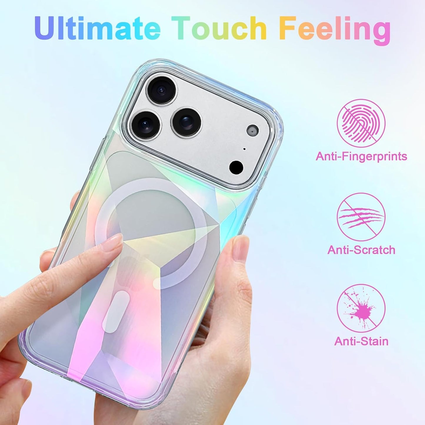 Clear glitter iridescent iPhone 17 Pro Max case with rainbow sparkles, magnetic MagSafe compatible, designed for women and girls.