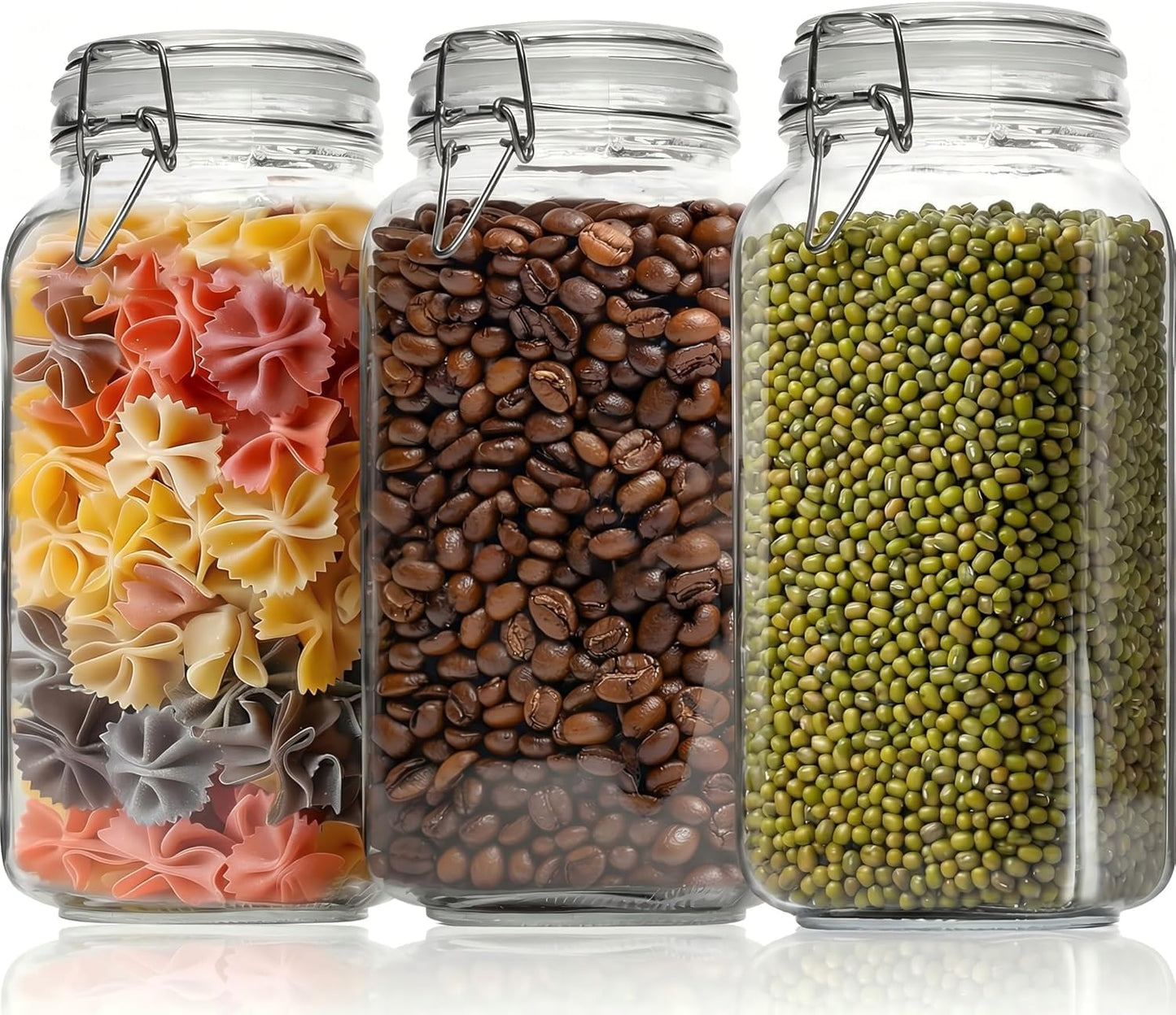 Three large 78oz glass storage jars with airtight lids from X With Love, filled with flour, sugar, and pasta, with labels visible.