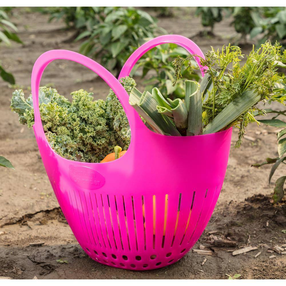 Pink garden colander harvest basket by X With Love, showing a perforated metal basket ideal for gathering fresh produce.