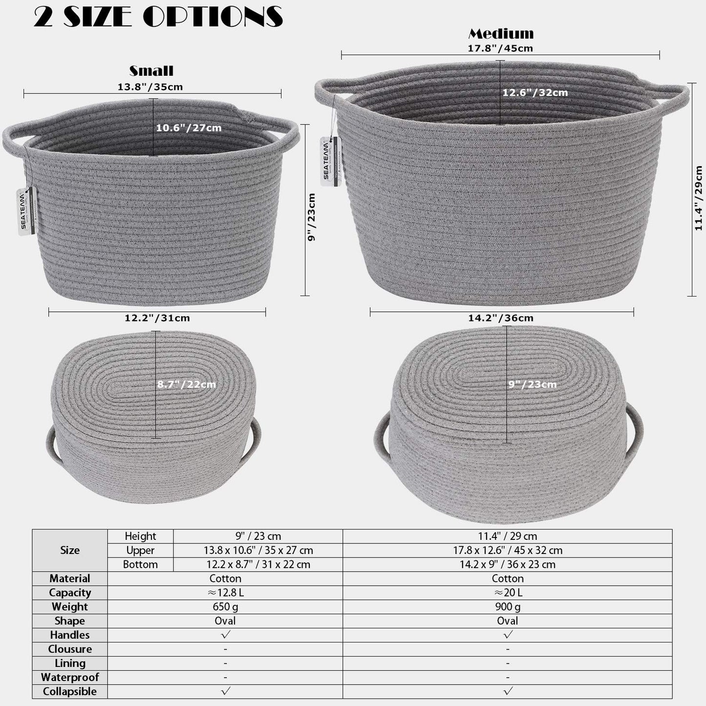 Grey oval cotton rope woven storage basket with handles, ideal for nursery organization and diaper caddies, medium size.
