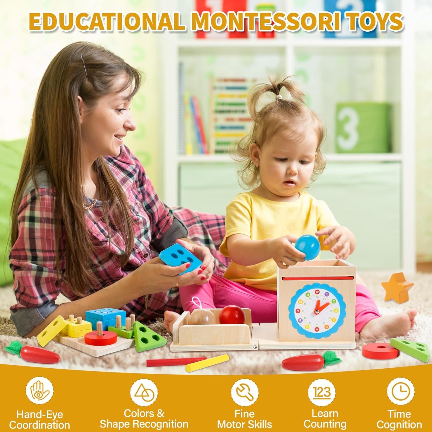 Wooden Montessori Baby Toys, 8-In-1 Wooden Play Kit Includes Object Permanent Box, Coin Box, Carrot Harvest, Shape Sorting & Stacking - Birthday Gift for Boys Girls Toddlers