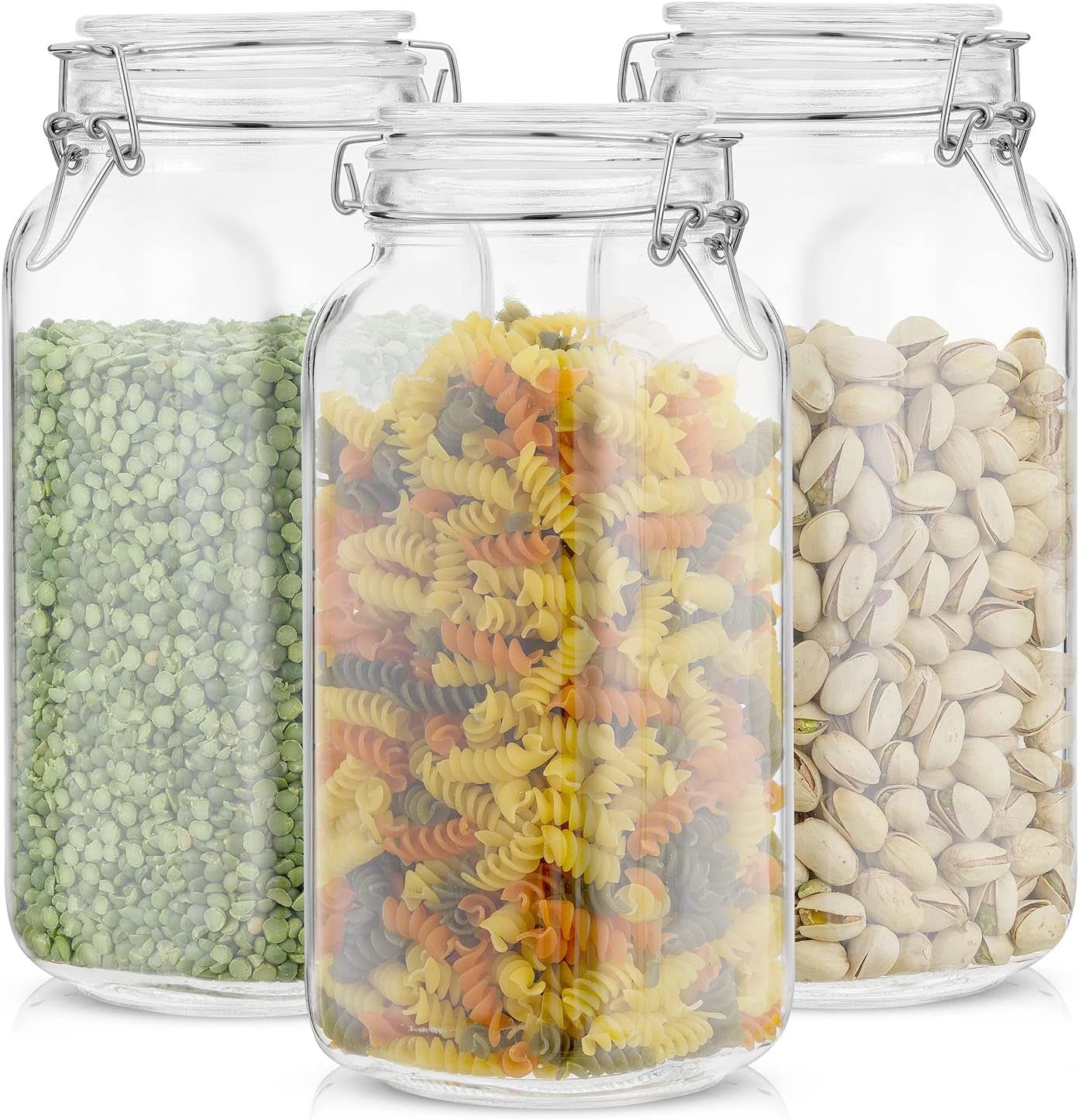 Set of 3 airtight glass jars with lids and silicone seals, large square food storage containers for pantry organization.