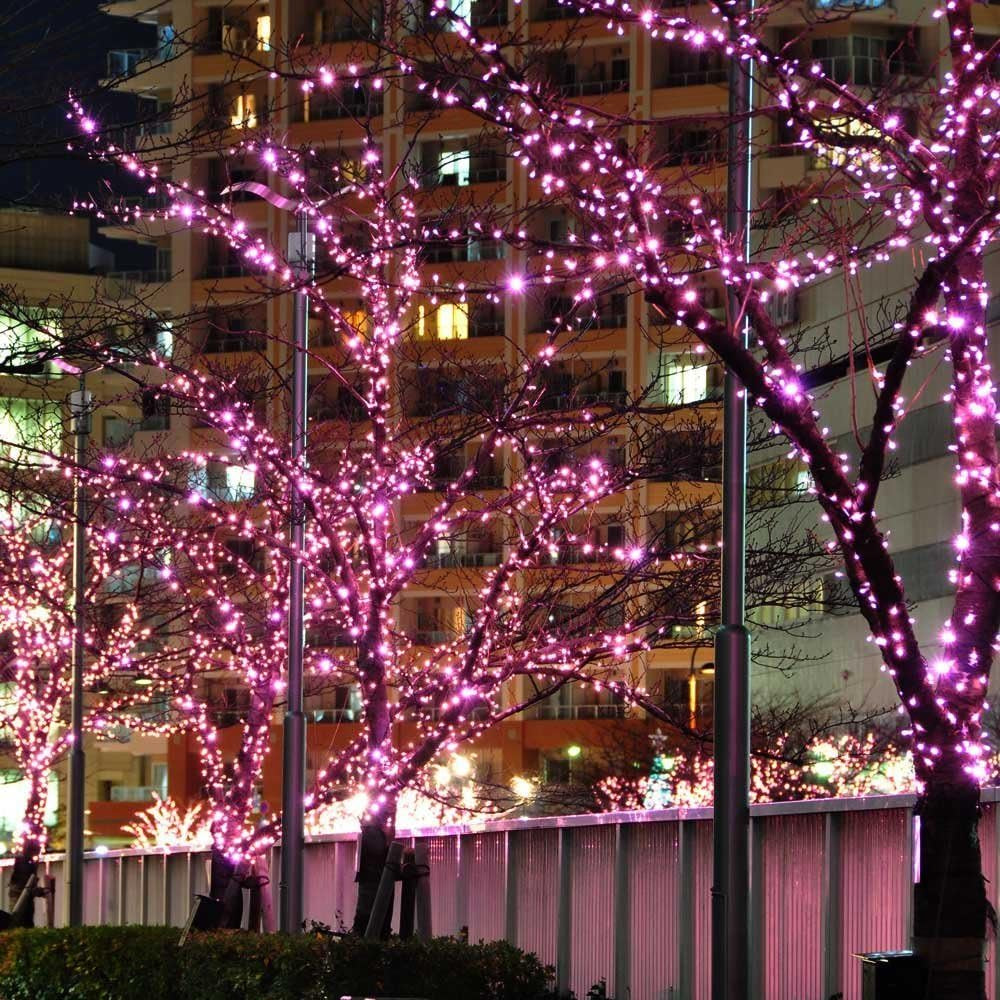 Pink outdoor fairy string lights with 100 LEDs, extendable Christmas and patio decor, featuring memory modes and controller.