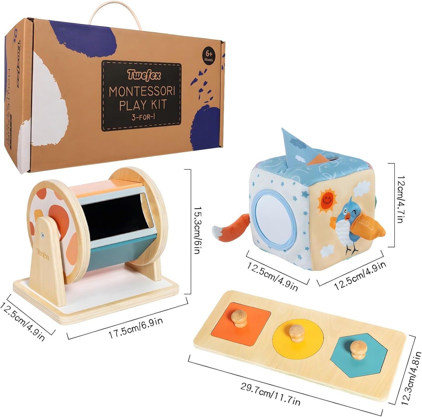 Montessori baby toys for 6-12 months, X With Love 3-in-1 play kit with spinning drum, tissue box, peekaboo puzzle, and cards.