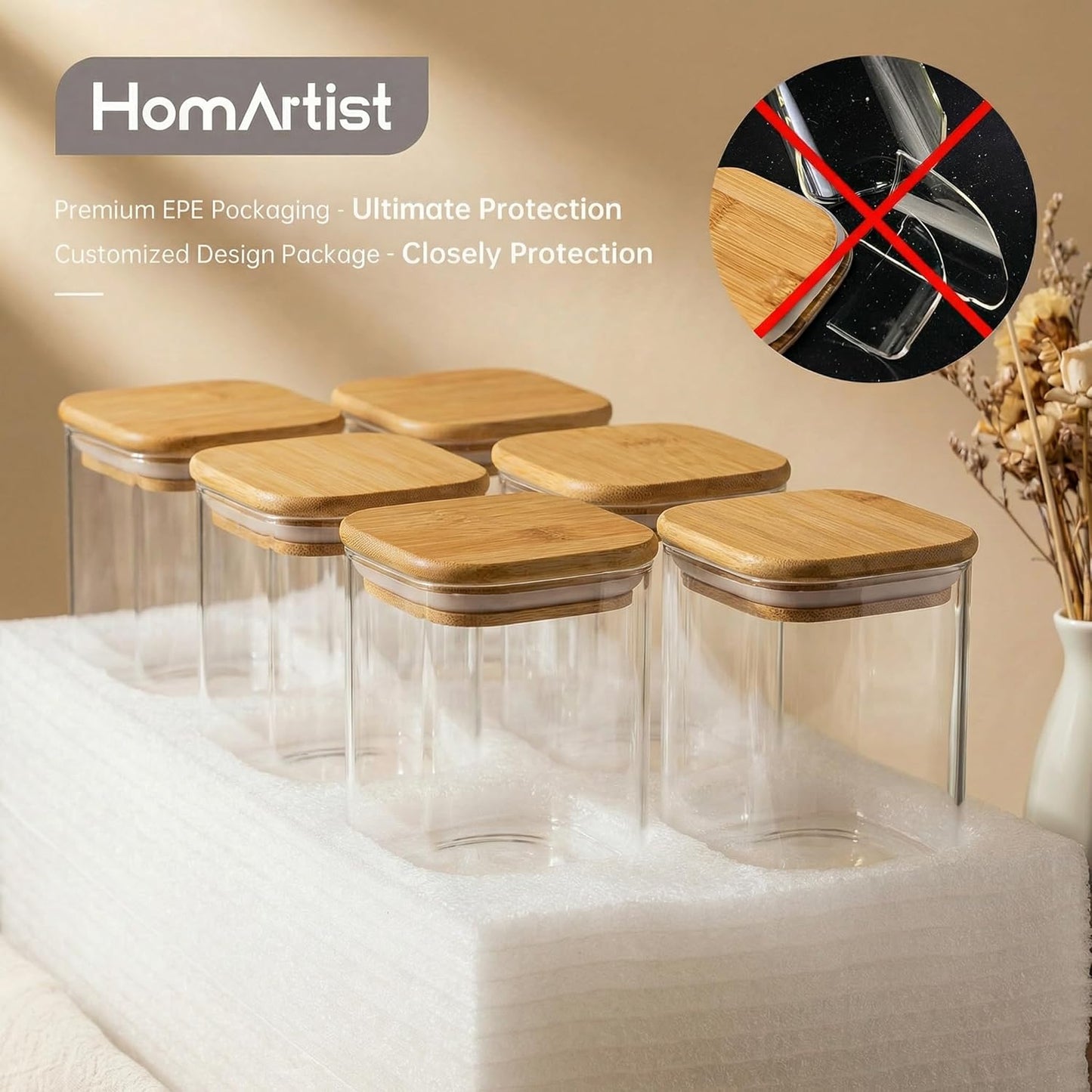 Set of five square glass jars with bamboo lids, airtight food storage containers for pantry items like pasta, cereal, flour, and sugar.