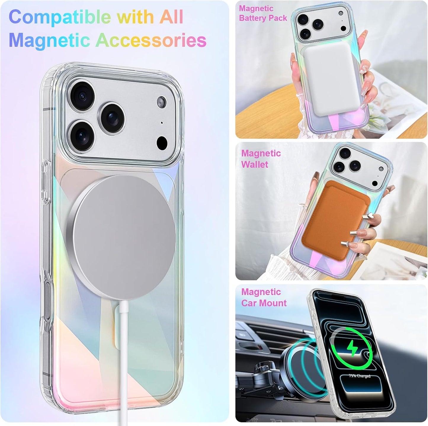Clear glitter iPhone 17 Pro Max case with rainbow iridescent geometric design, magnetic Magsafe compatibility, for women and girls.