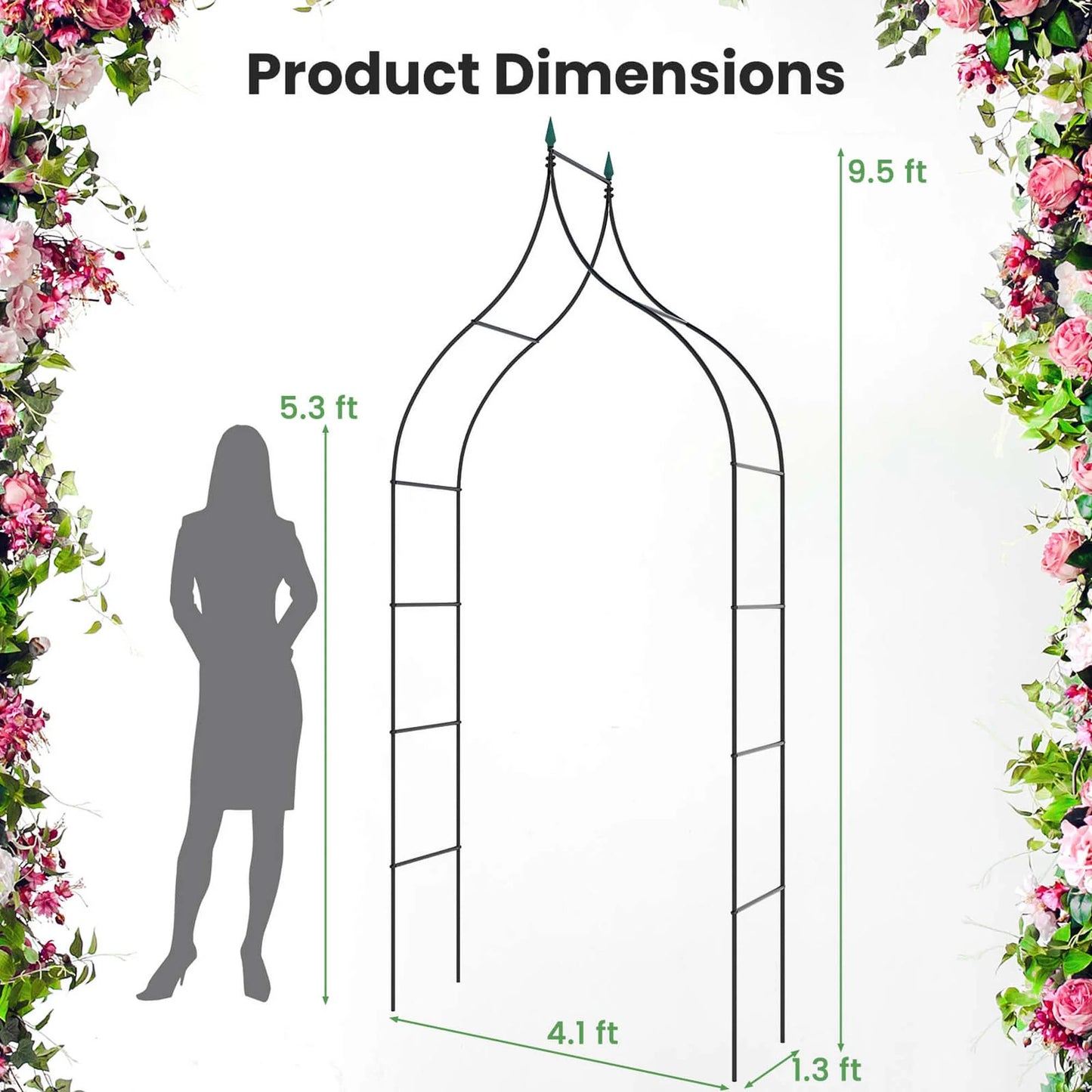 Steel garden arch rose arbor with climbing plants, outdoor garden décor, sturdy metal structure for supporting roses and climbing plants.
