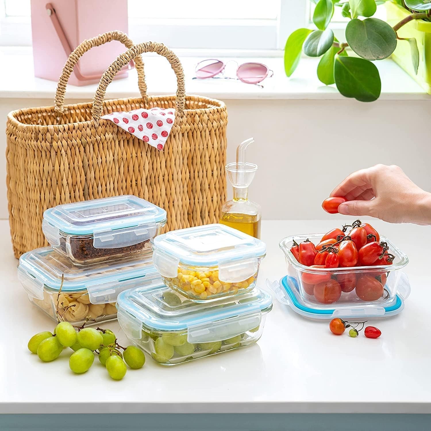 Set of 10 borosilicate glass meal prep containers with leak-proof snap-lock lids, microwave, oven, and freezer safe.