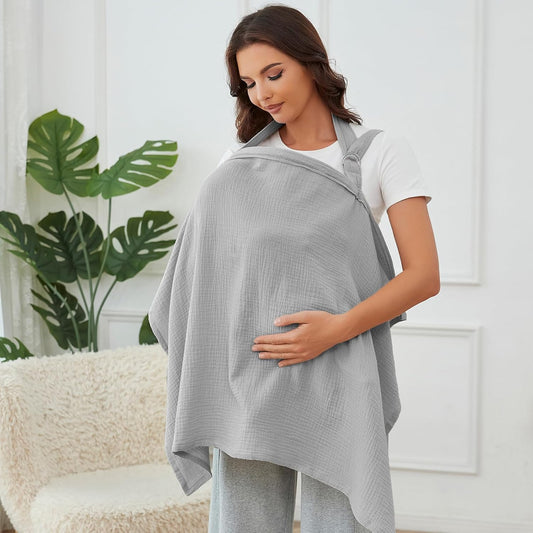 Grey nursing cover for breastfeeding with rigid hoop, made of breathable soft 100% muslin cotton, by X With Love.