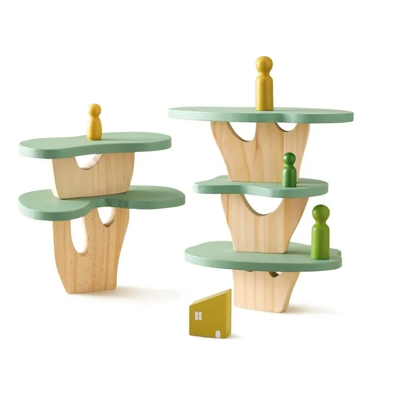 Wooden Montessori sensory stacking toys featuring forest house replicas for babies, ideal for early childhood education and gift use.