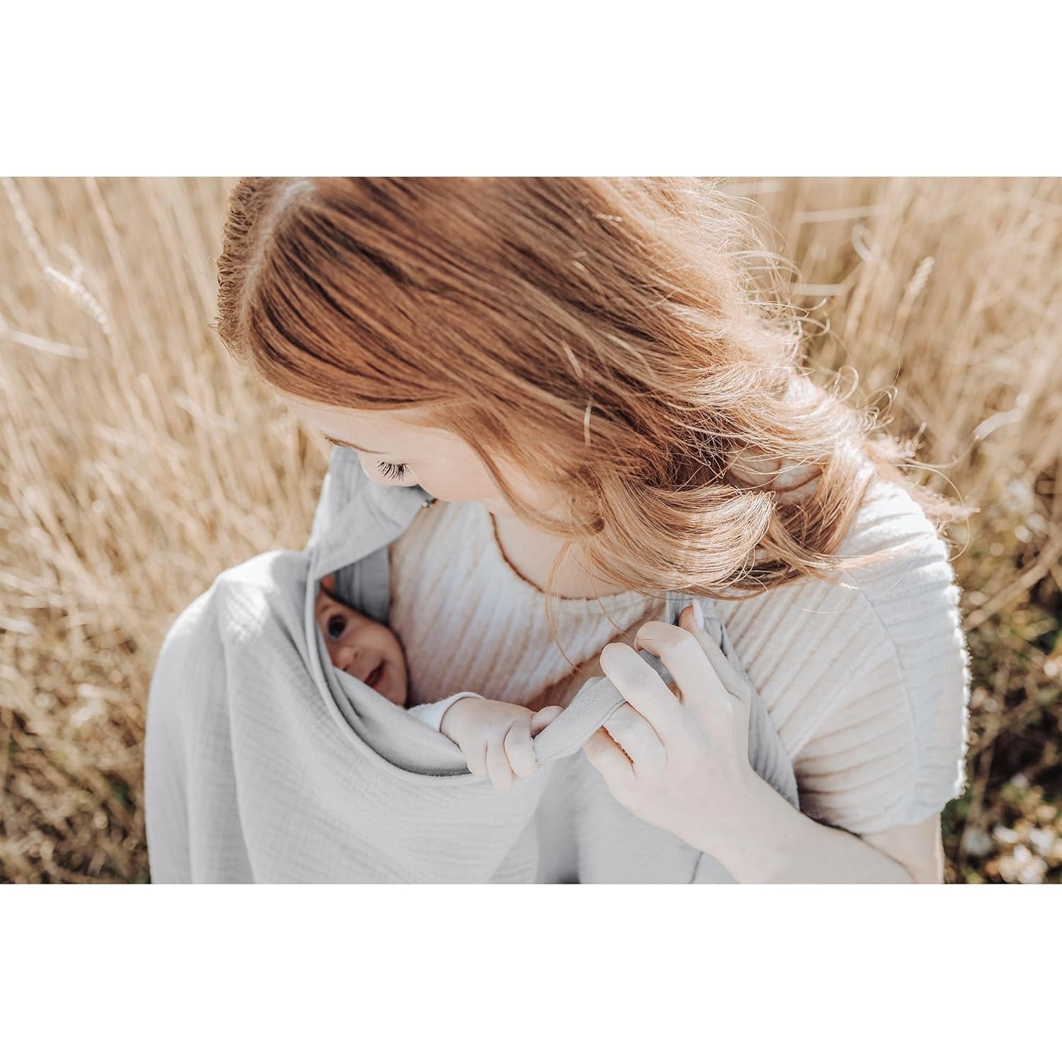 Grey X With Love muslin nursing cover with rigid hoop, breathable 100% cotton for breastfeeding and baby carseat shielding.