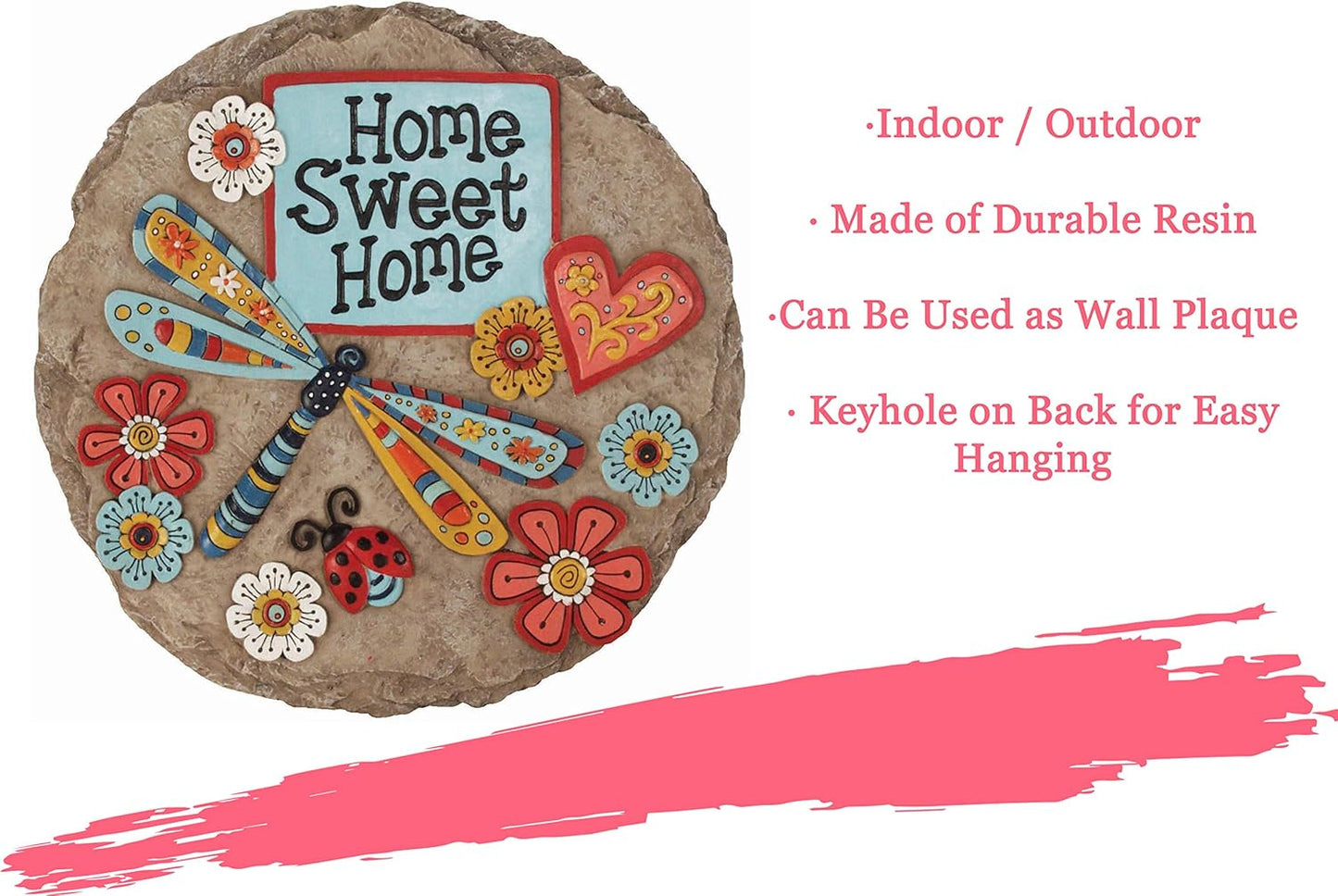 Decorative garden stepping stone featuring "Home Sweet" and a dragonfly design, by X With Love for outdoor garden décor.