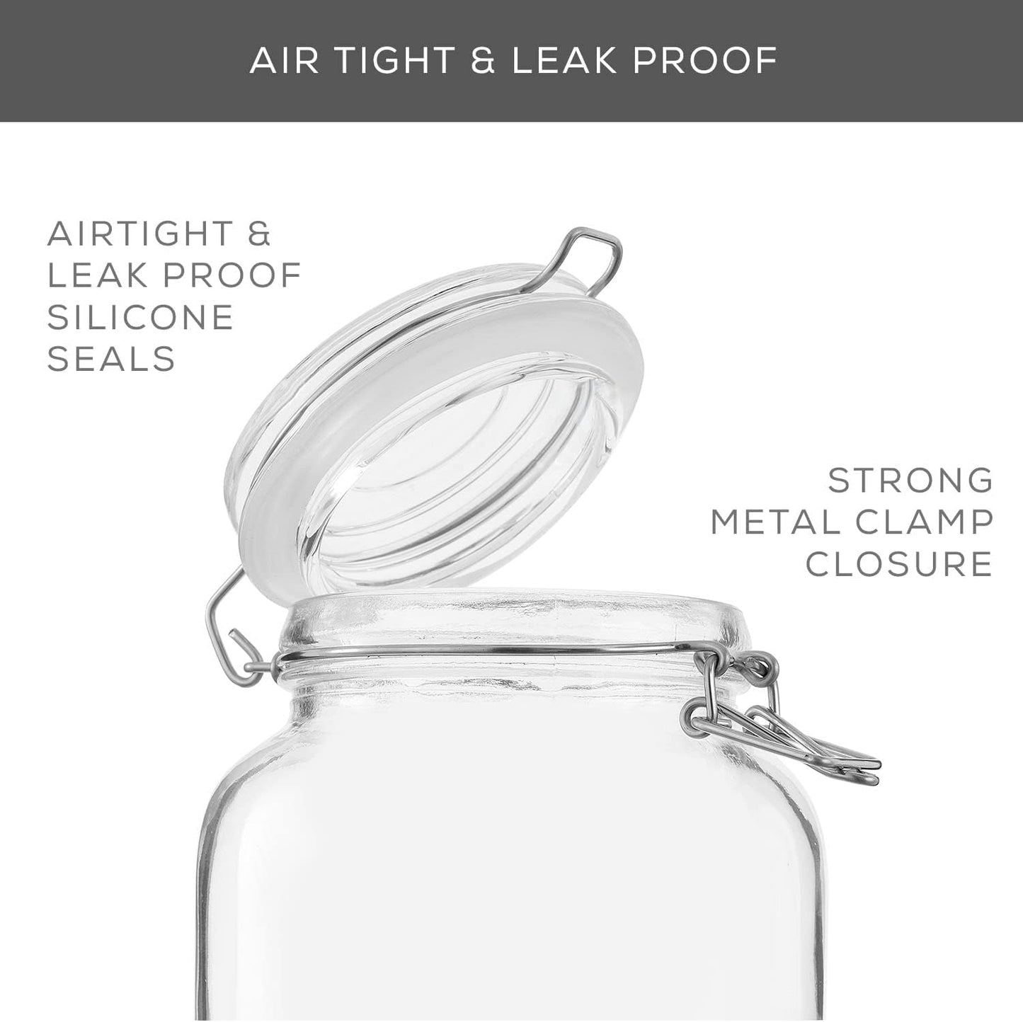 Set of 3 airtight glass jars with lids, silicone seals, suitable for pantry storage, including large square mason and candy jars.