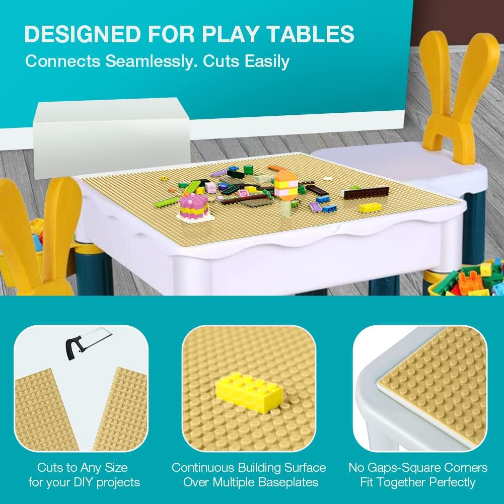 Six 10x10-inch classic building baseplates for bricks, compatible with major brands, suitable for kids ages 3 and up, in sand color.