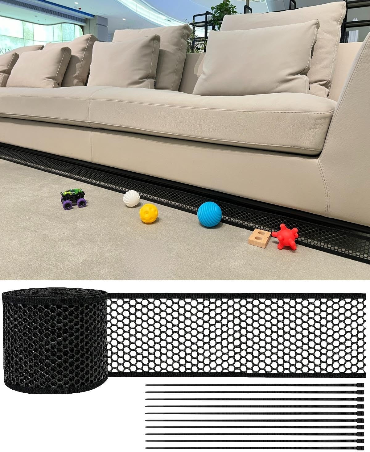 Black under couch gap blocker for kids and pets, with zip ties, designed to stop toys from falling under furniture.