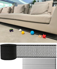 Black under couch gap blocker for kids and pets, with zip ties, designed to stop toys from falling under furniture.