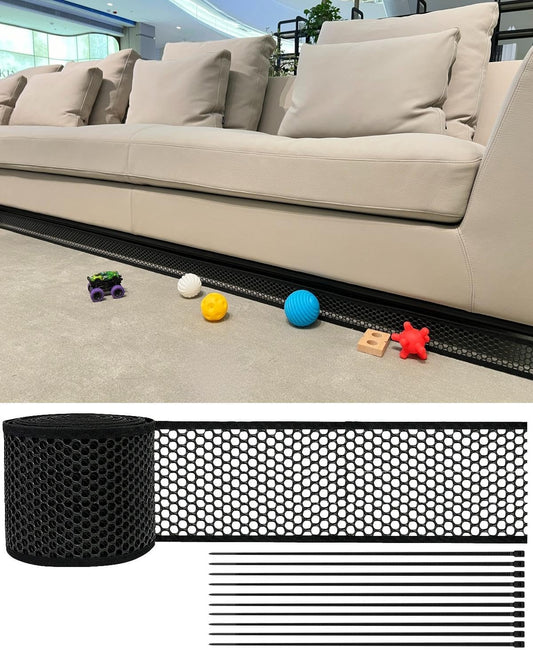 Black under couch gap blocker for kids and pets, with zip ties, designed to stop toys from falling under furniture.