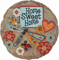 Decorative garden stepping stone with "Home Sweet" and dragonfly design by X With Love, perfect for outdoor garden décor.