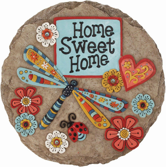 Decorative garden stepping stone with "Home Sweet" and dragonfly design by X With Love, perfect for outdoor garden décor.