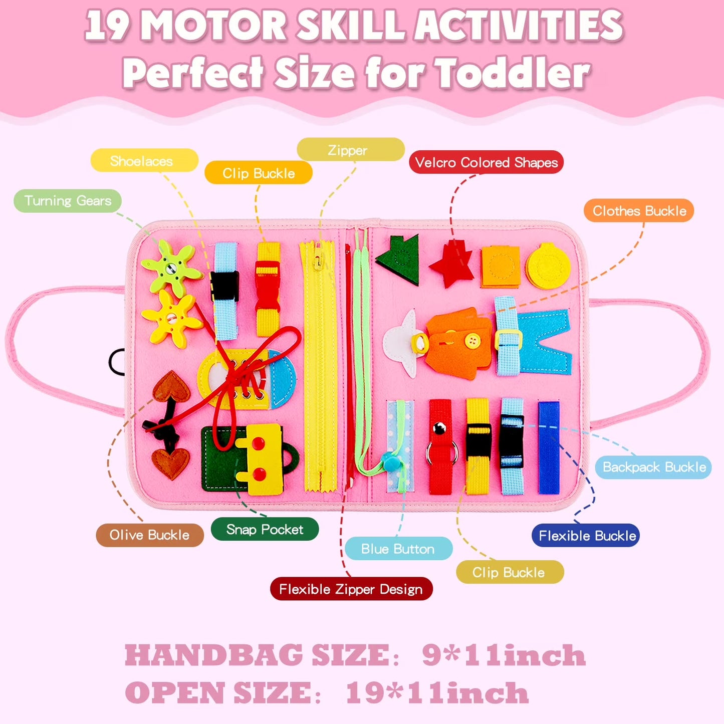 Busy Board Montessori Toy for Toddlers, Educational Activity Developing Sensory Board for Fine Basic Dress Motor Skills - Travel Toys for Plane Car, Gift for Boys Girls 1 2 3 4 Year Old