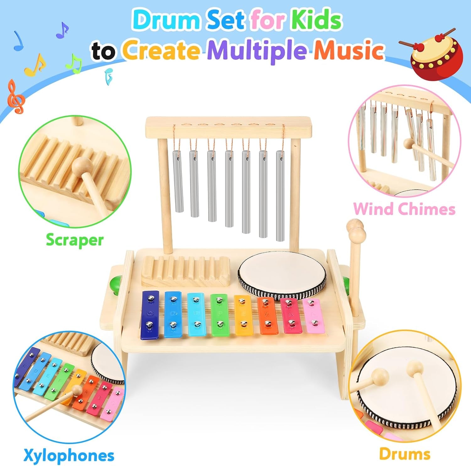 Kids drum set and wooden xylophone by X With Love, toddler musical instrument with drum, chime, and Montessori toy for kids.