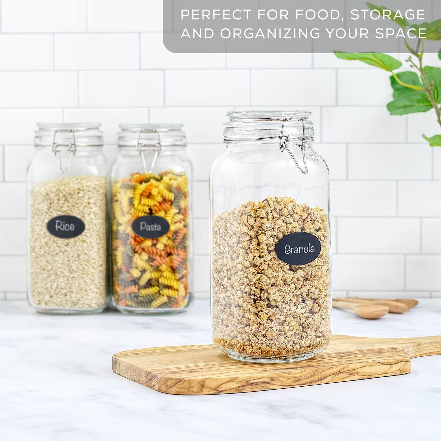 Set of 3 airtight glass jars with lids and silicone seals, large square mason jars for pantry storage, candy, flour, or pasta.
