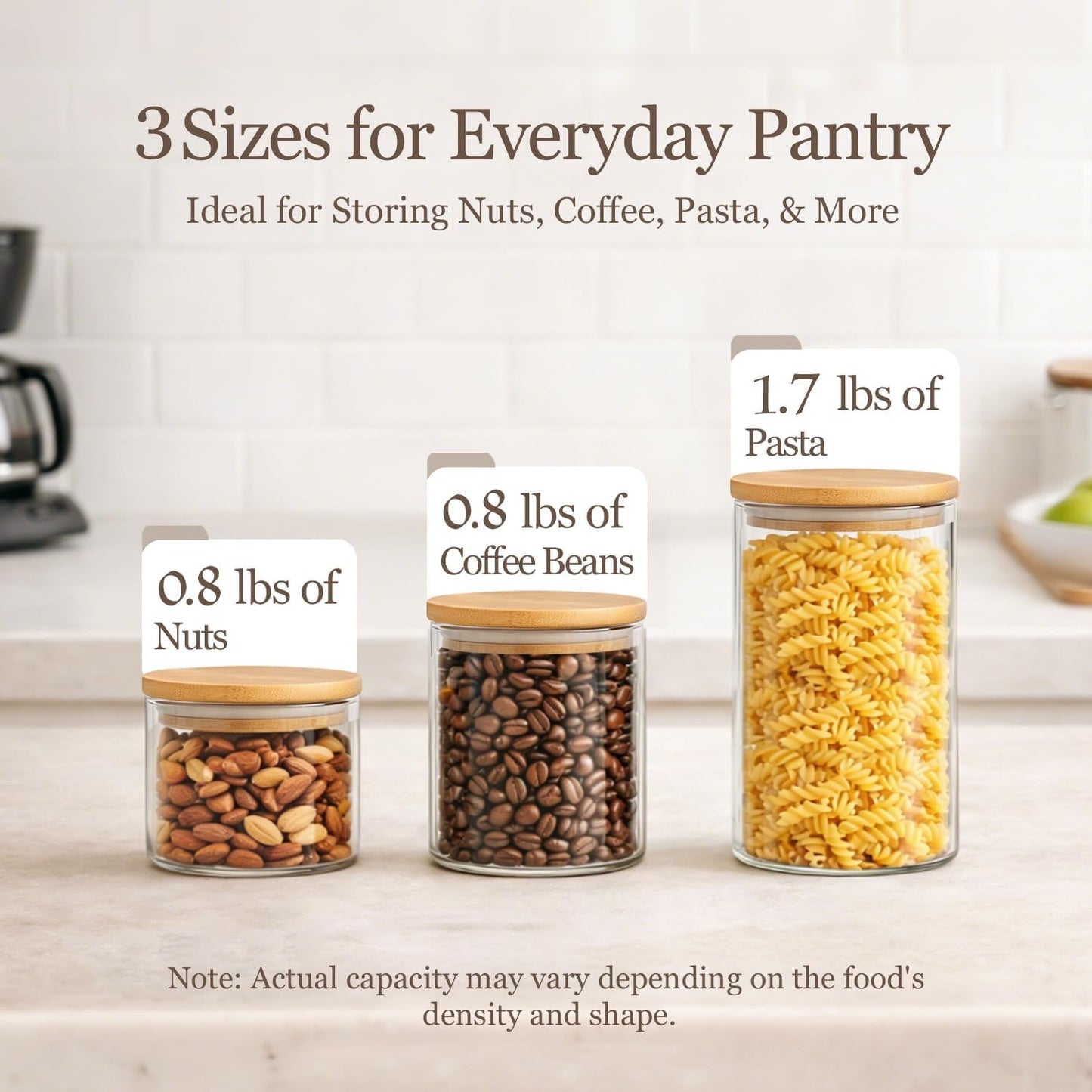 Set of 6 X With Love glass storage containers with airtight lids and labels, ideal for pantry organization and storing dry foods.