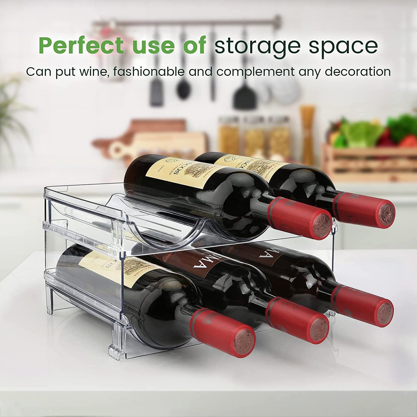 Water bottle organizer for cabinet, stackable water bottle storage rack, 2-pack, designed for easy water bottle organization and storage.