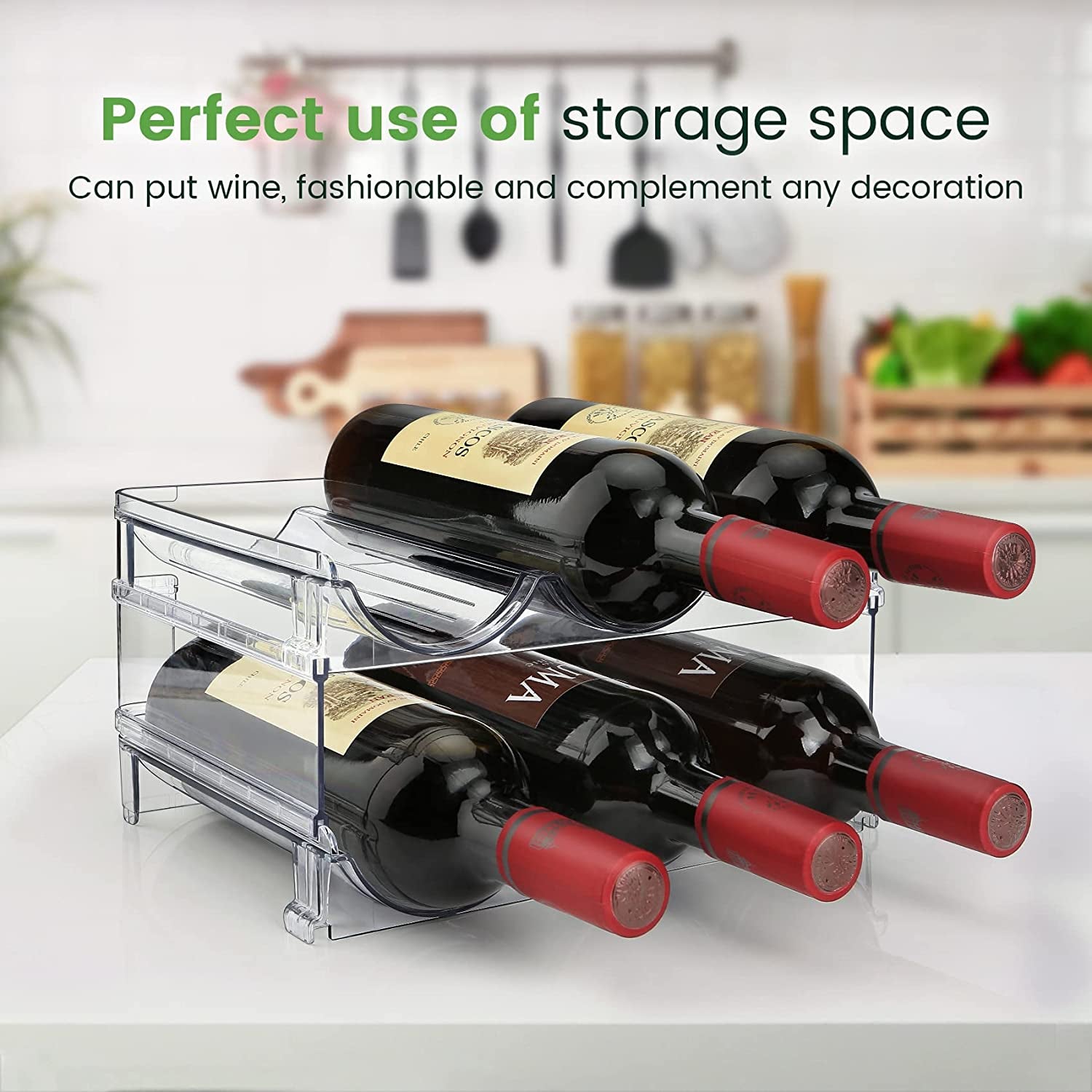 Water bottle organizer for cabinet, stackable water bottle storage rack, 2-pack, designed for easy water bottle organization and storage.