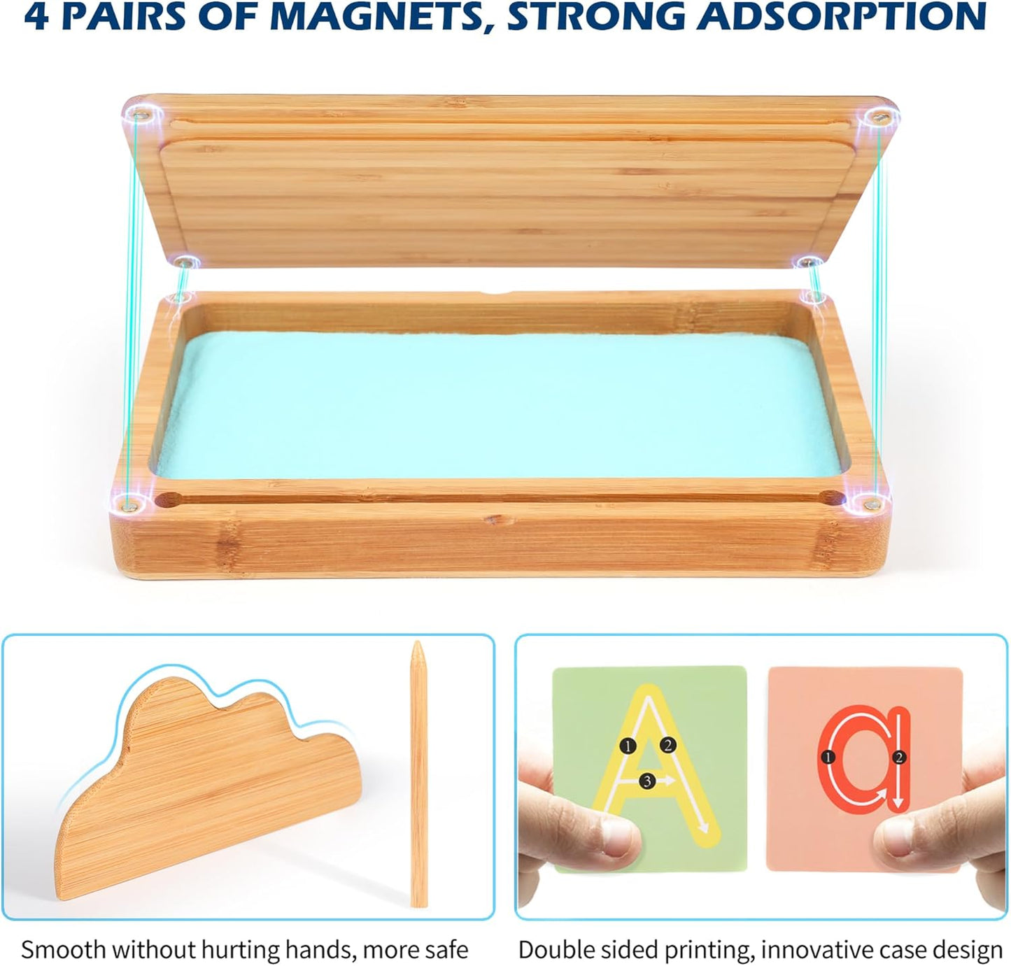 Blue Montessori wooden sand tray with lid for kids, ideal for writing letters and numbers in preschool and kindergarten classrooms.