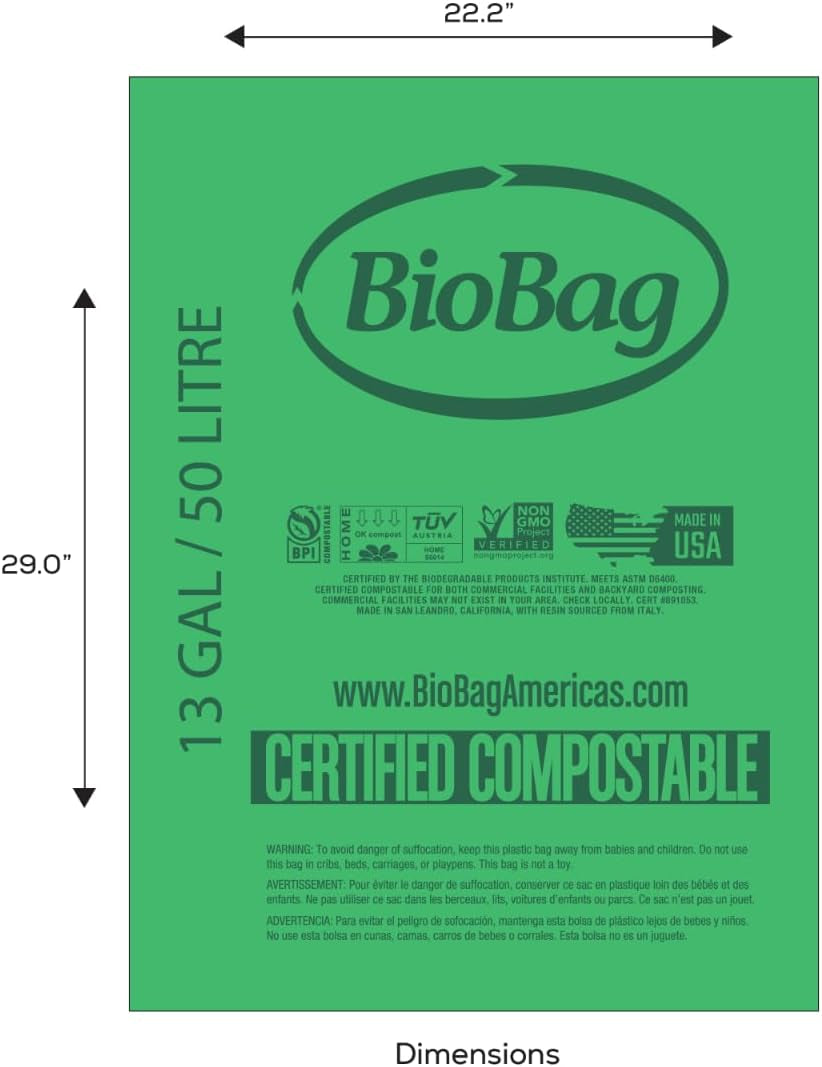 Set of 48 tall kitchen compostable trash bags by X With Love, 13-gallon capacity, BPI certified, made in USA, food scrap bin liners