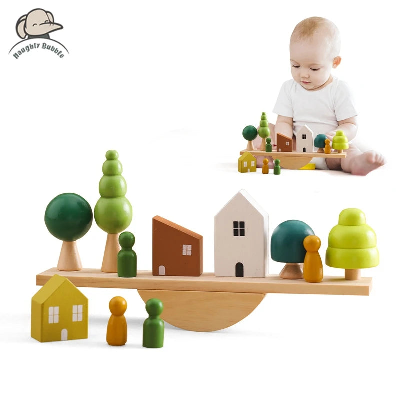 Wooden Montessori sensory stacking toys featuring forest house replicas for babies, ideal for early childhood education and development.