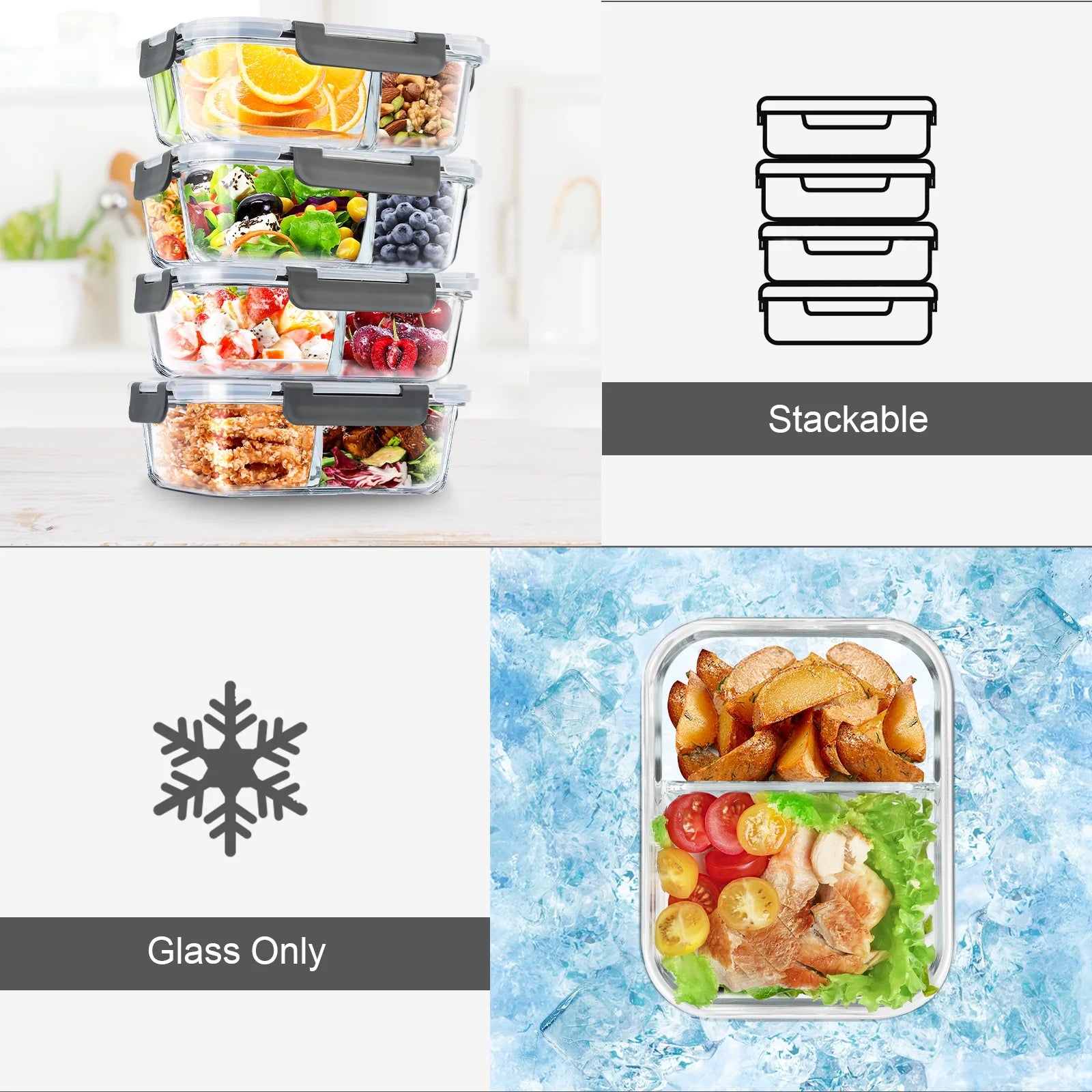 Set of 8 glass food storage containers with lids, 2-3 compartments, leak-proof, oven and freezer safe, in grey, by X With Love.