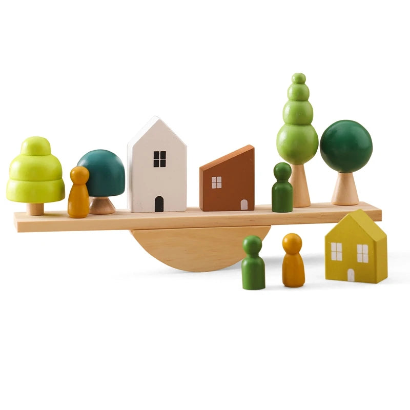 Wooden Montessori sensory stacking toys featuring forest house replicas for babies, ideal for early childhood education and play.