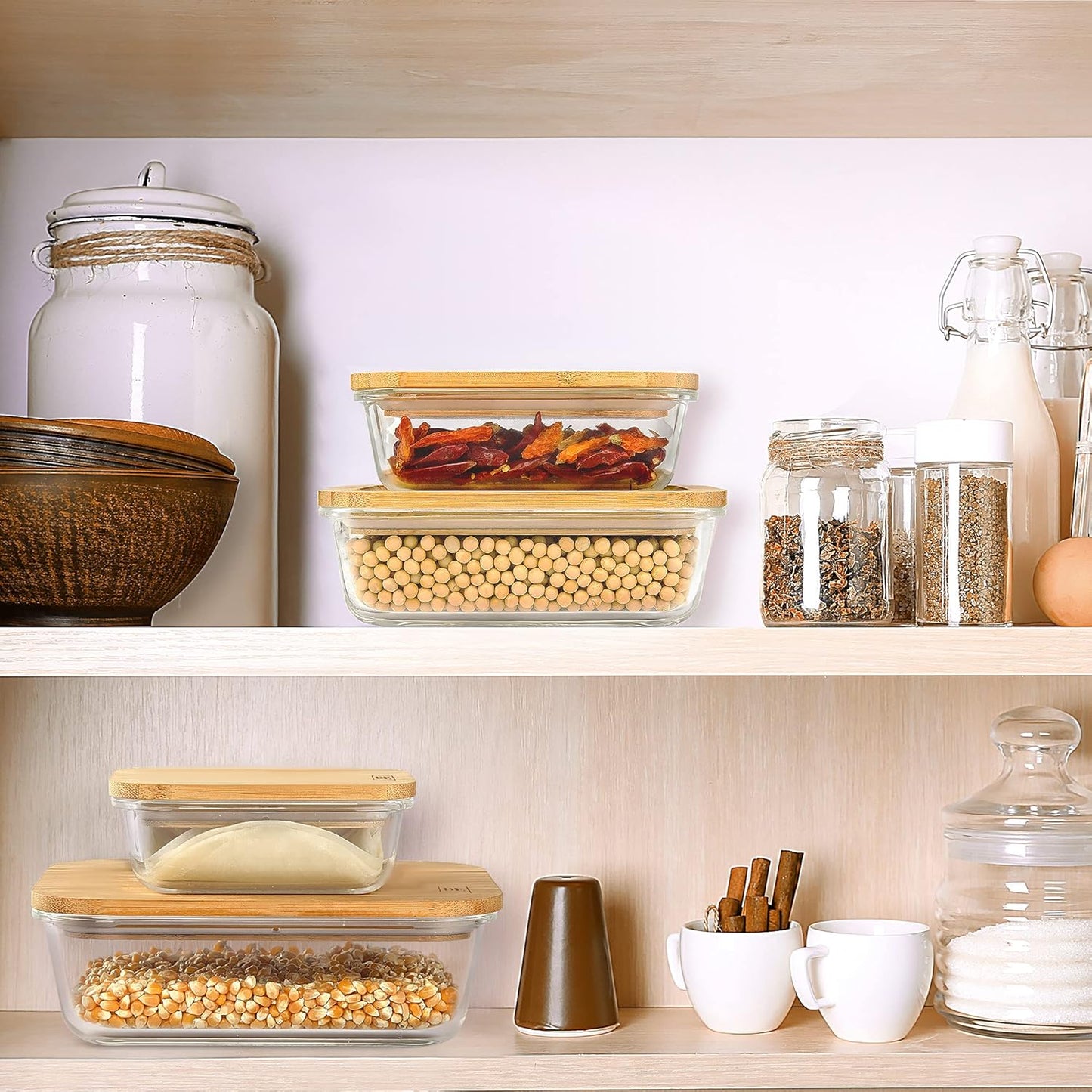 Set of four glass food storage containers with bamboo lids from X With Love, various sizes, stackable, oven, microwave, and freezer safe