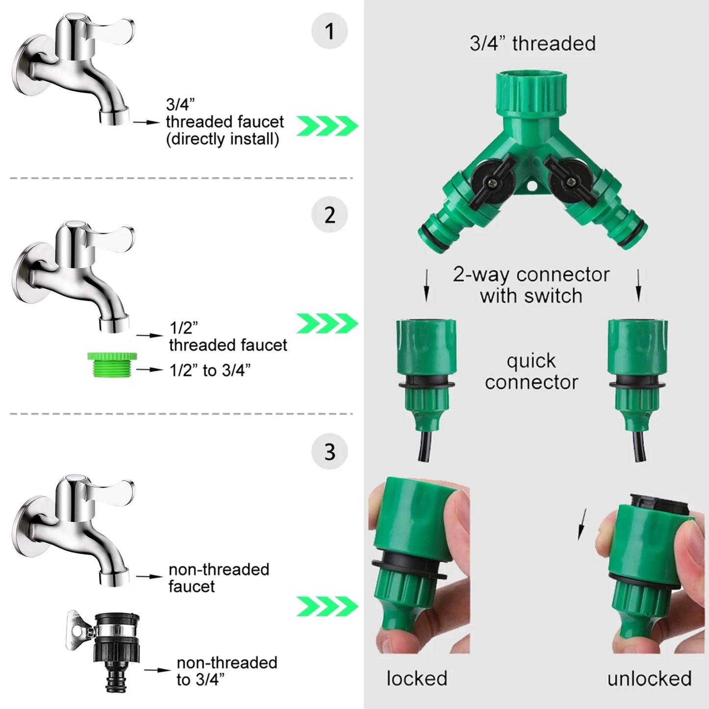 Drip irrigation system kit with 164FT tubing and 201pcs fittings for garden, greenhouse, flower bed, patio, and lawn watering.