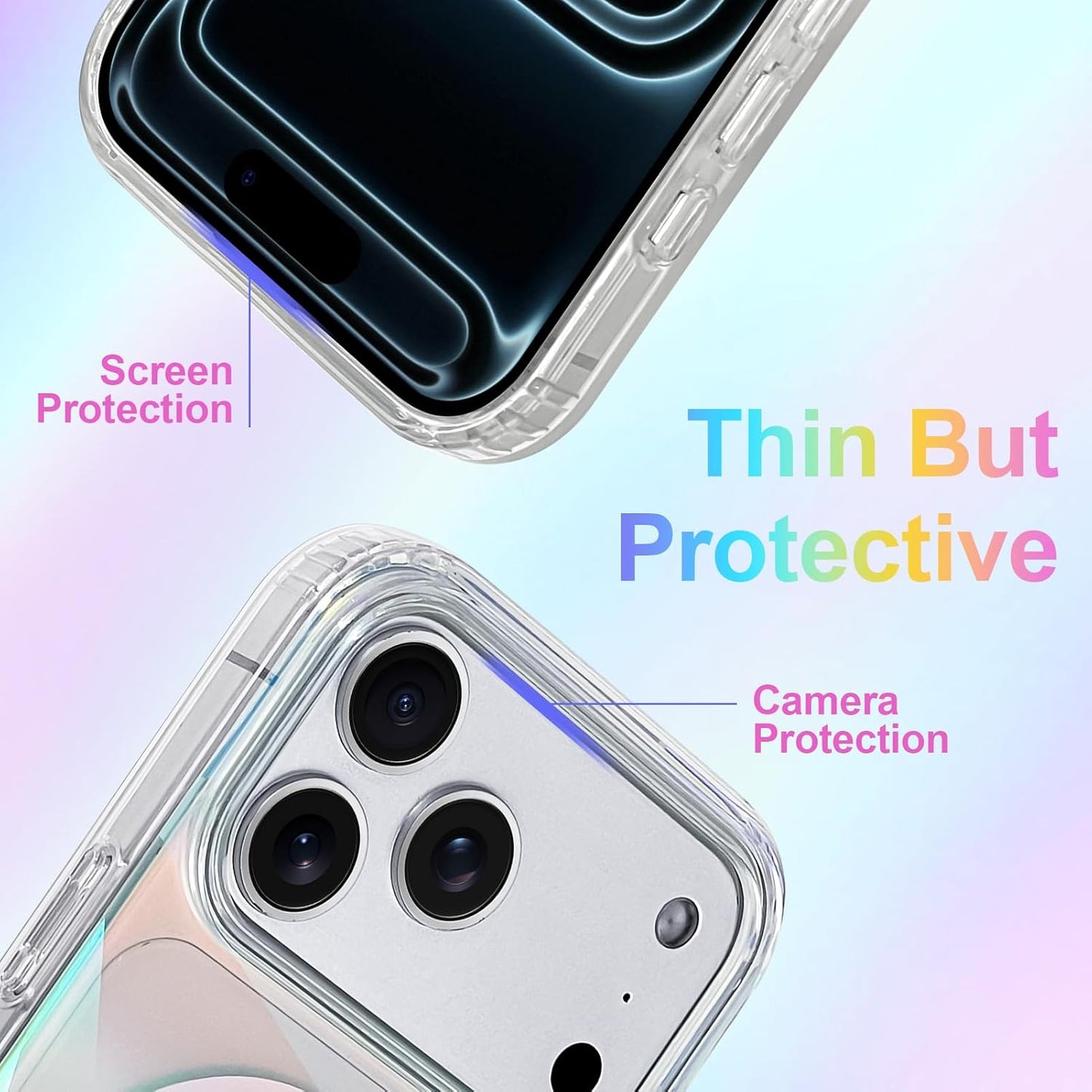 Clear glitter iPhone 17 Pro Max case by X With Love with iridescent rainbow geometric design and magnetic MagSafe compatibility.