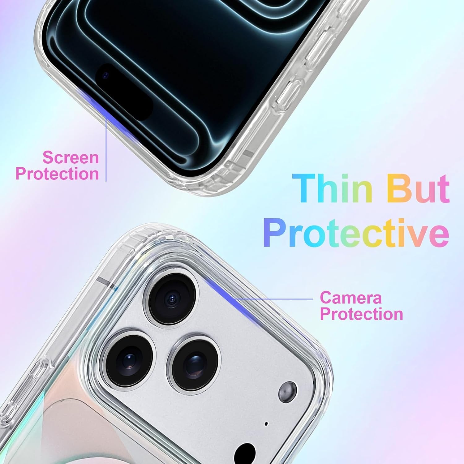 Clear glitter iPhone 17 Pro Max case by X With Love with iridescent rainbow geometric design and magnetic MagSafe compatibility.