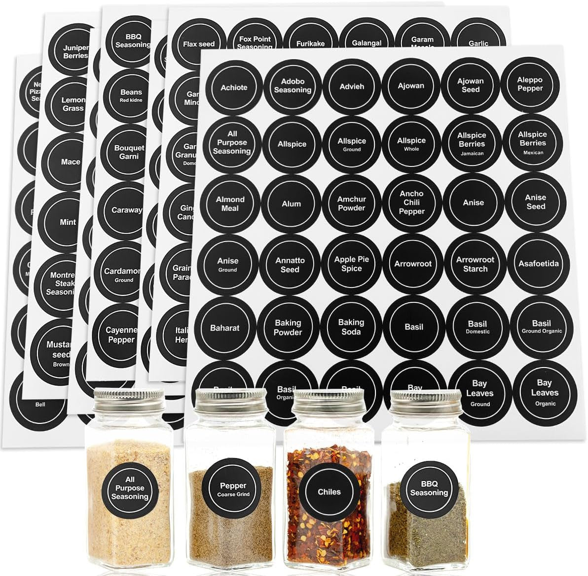 Set of 432 waterproof round spice labels from X With Love, with preprinted and blank stickers for kitchen jars and food containers.