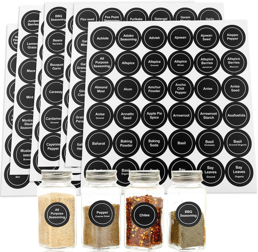 Set of 432 waterproof round spice labels from X With Love, with preprinted and blank stickers for kitchen jars and food containers.