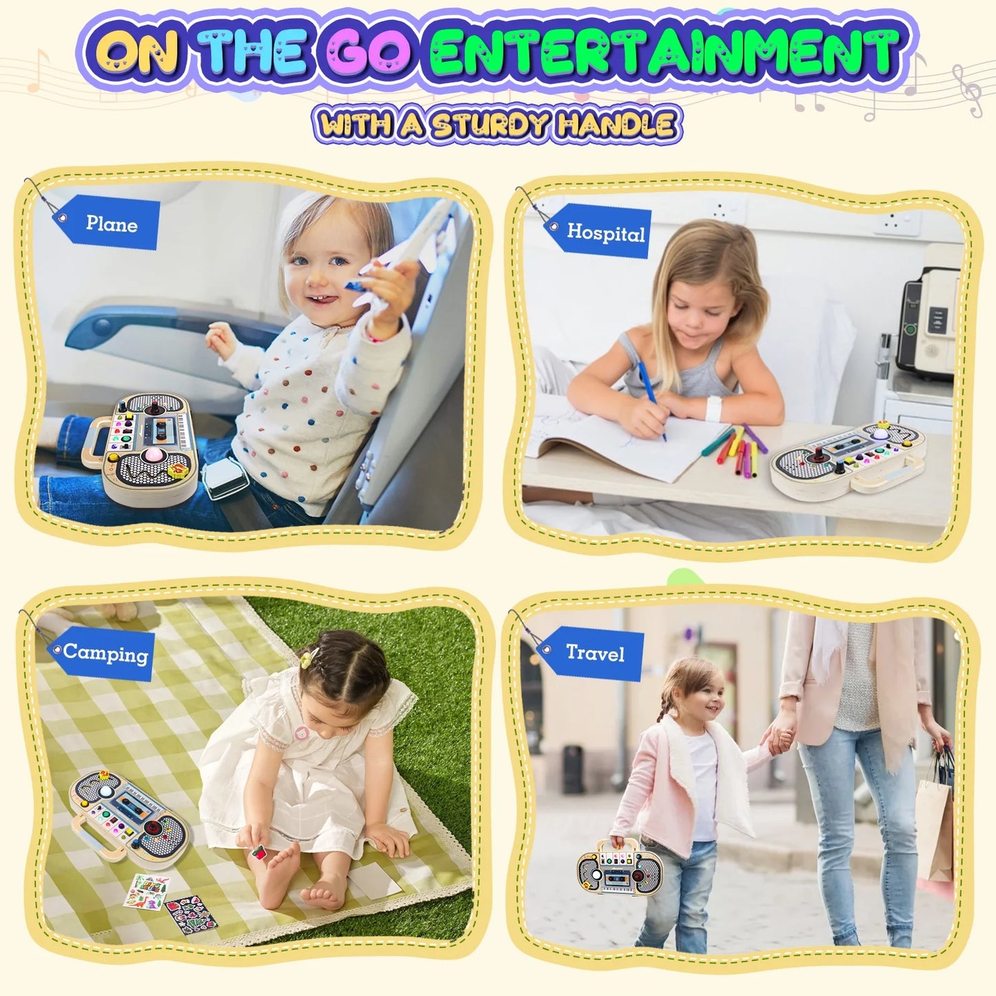 Montessori wooden busy board for toddlers with LED light, sensory switches, music labyrinth, volume control, and DIY stickers for ages 1-4.