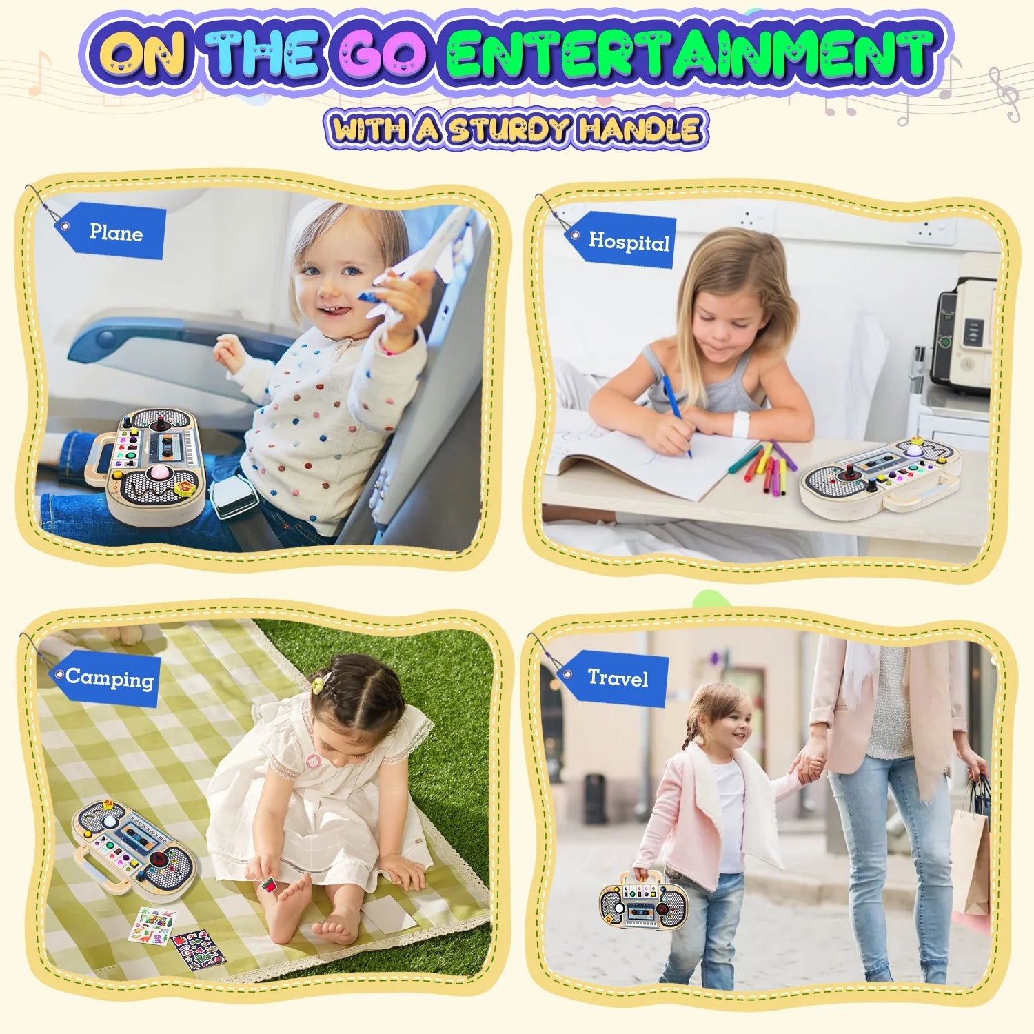 Montessori wooden busy board for toddlers with LED light, sensory switches, music labyrinth, volume control, and DIY stickers for ages 1-4.