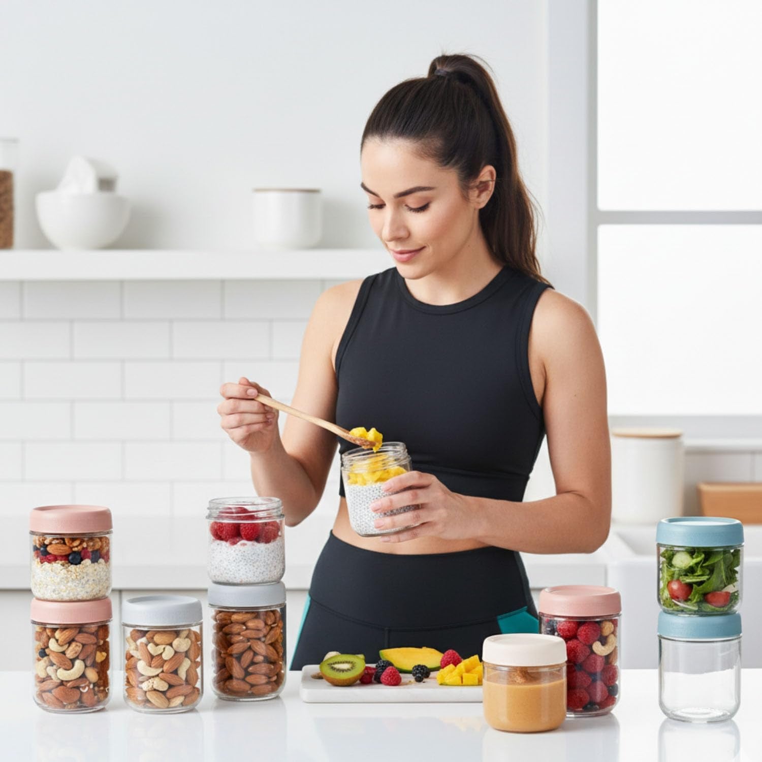 Eight stackable glass overnight oats containers with airtight lids, ideal for meal prep, snacks, yogurt, and chia seed pudding.
