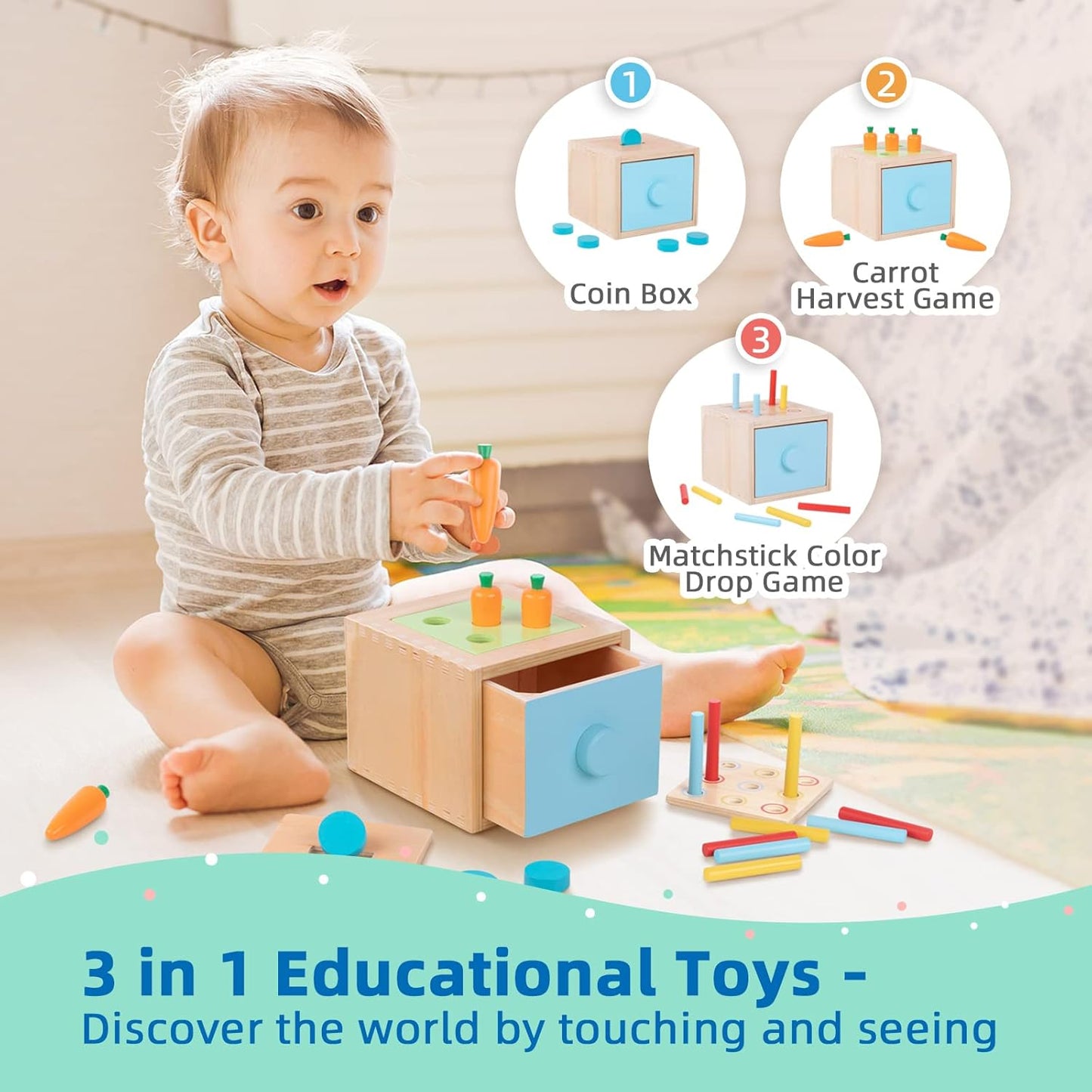 Montessori Toys for 1 Year Old, 8 in 1 Learning Educational Set Wooden Toys (Includes Stacking Cups, 3-In-1 Educational Box, Pound Bench, Shape Puzzle and More)