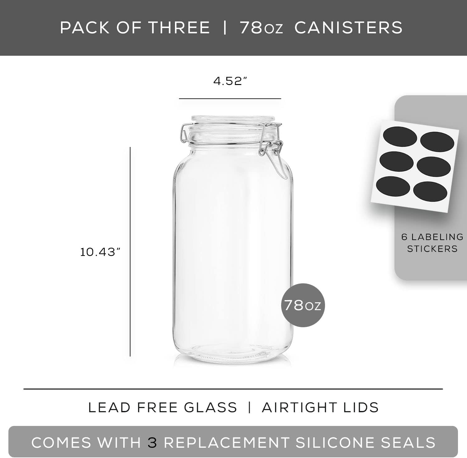 Set of 3 airtight glass jars with lids and silicone seals, large 78oz square Mason jars for pantry storage of food, candy, or pasta.
