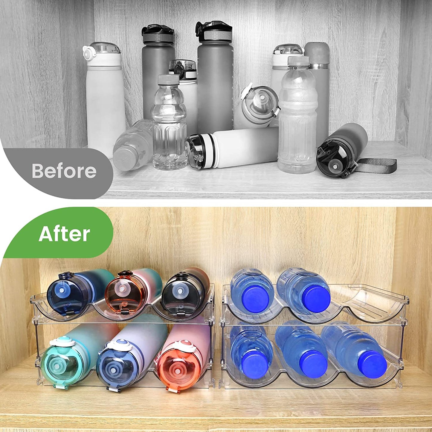 Stackable water bottle organizer racks for cabinets, featuring two packs of storage holders from My Store for tidy bottle organization.