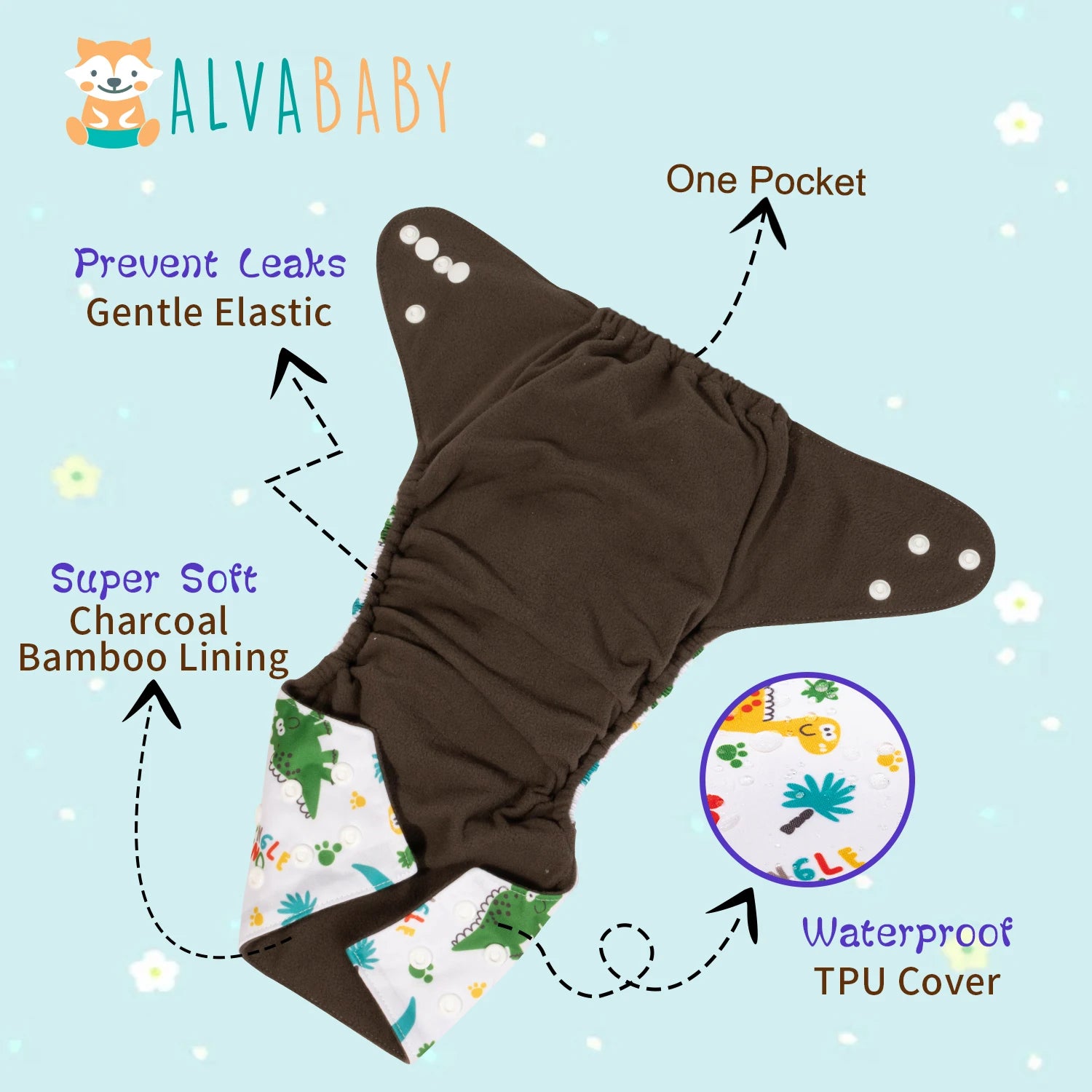 Reusable bamboo charcoal baby cloth diaper shell with adjustable snaps, suitable for babies 3-15kg, by X With Love.