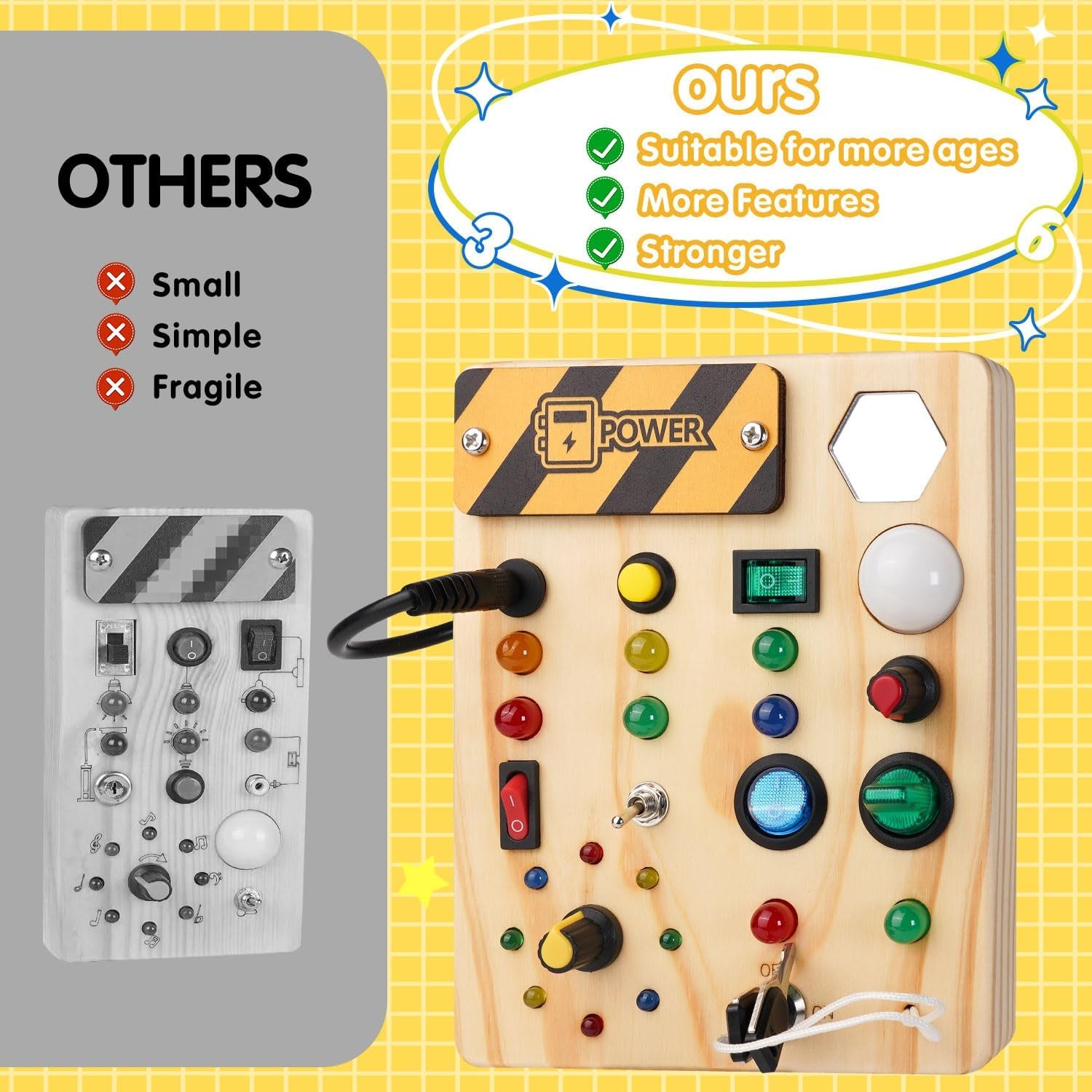 Wooden Montessori busy board toy with LED light switch for toddlers, educational sensory toy for 1-3 year old boys and girls