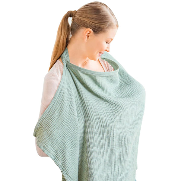 Green X With Love muslin nursing cover with rigid hoop, breathable 100% cotton breastfeeding apron for moms and carseat use
